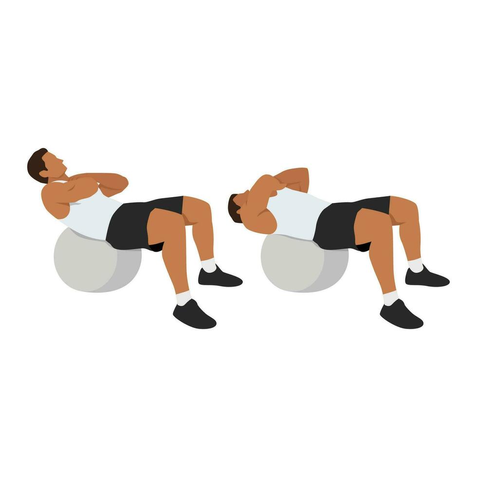 Man doing stability swiss. Ball crunches exercise Flat vector isolated on white background