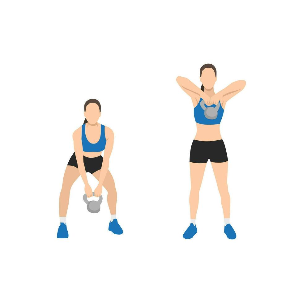 Woman doing Upright kettlebell front rows exercise. Flat vector illustration isolated on white background. workout character set