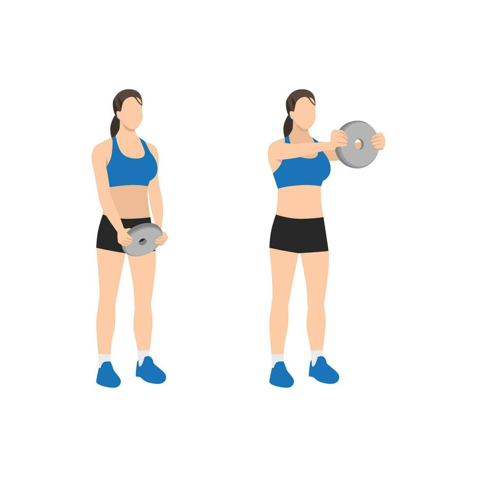 Woman doing Standing front shoulder plate raises exercise. Flat vector illustration isolated on white background. workout character set