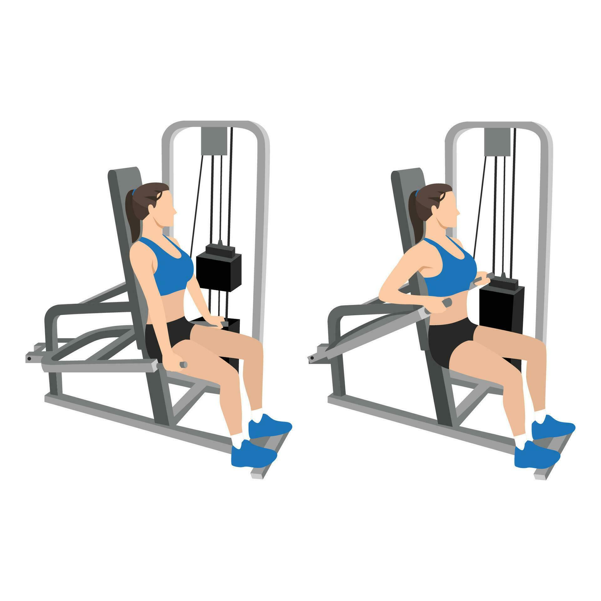 Woman doing Assisted Machine seated tricep dips exercise. Flat vector