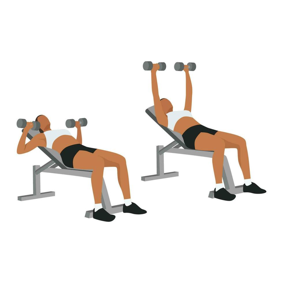 Woman doing Incline Dumbbell bench press exercise. Flat vector illustration isolated on white background. Workout character