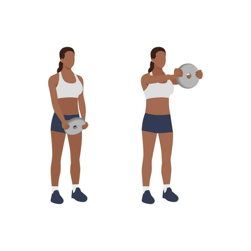 Woman doing Standing front shoulder plate raises exercise. Flat vector illustration isolated on white background. workout character set