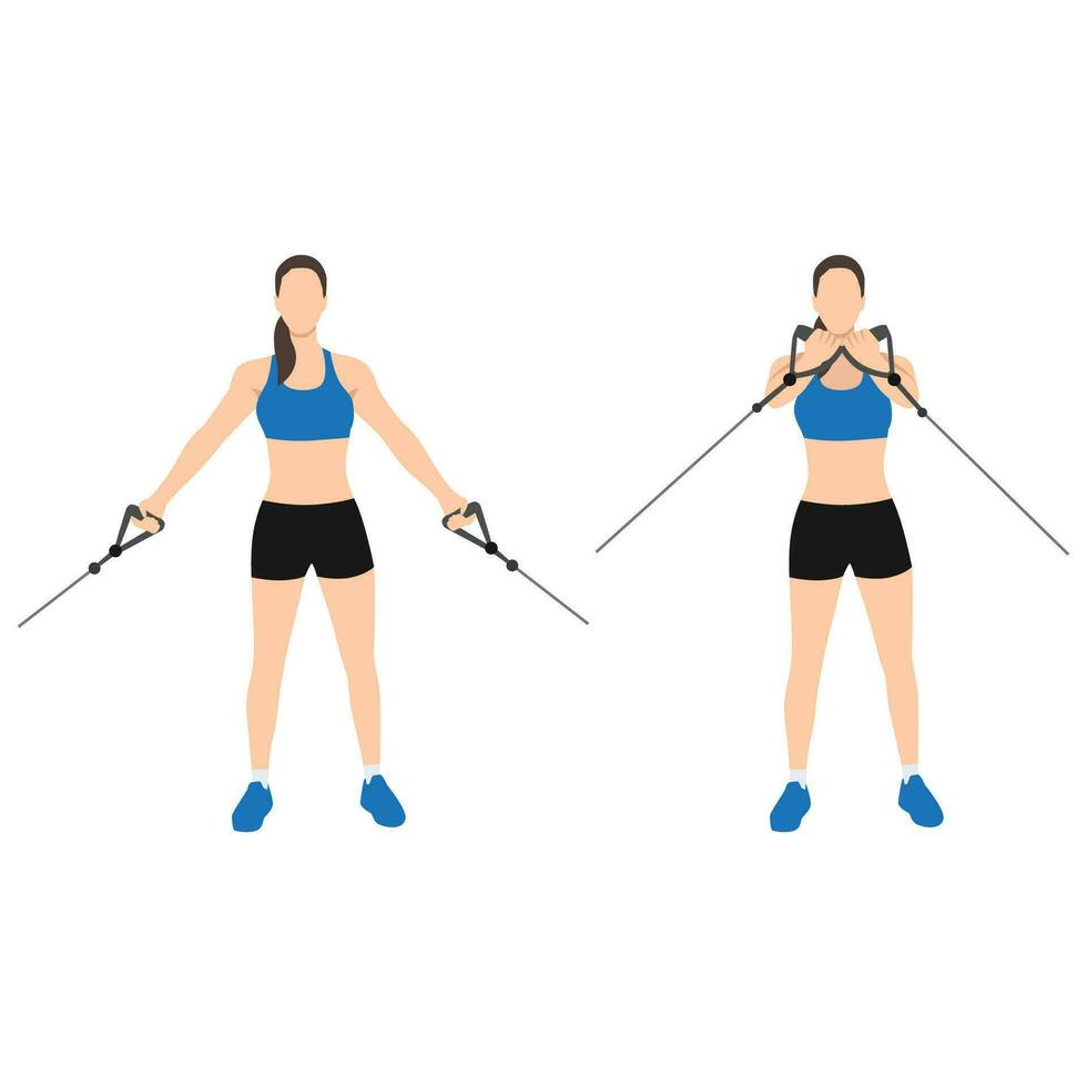 Woman doing low upward cable pulley crossover chest flyes flat vector illustration isolated on layers