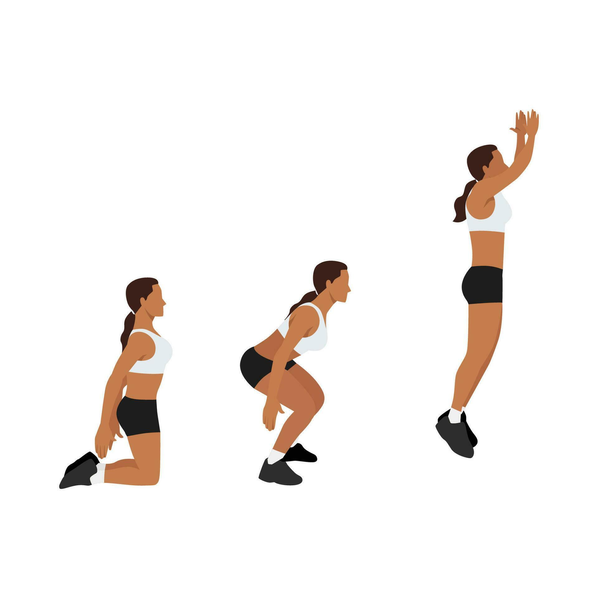 Woman doing Floor. Power jumps. Knee to jump squat exercise. Flat