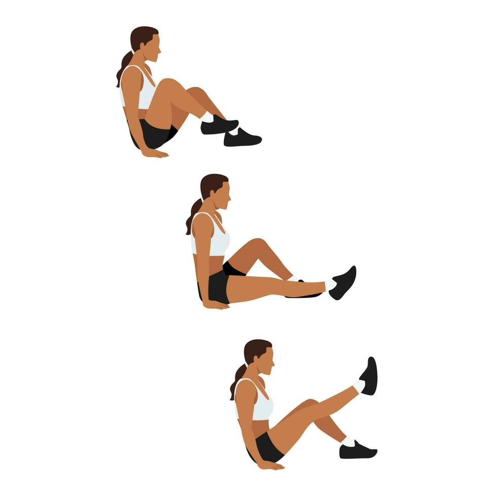 Woman doing Pistol crunch exercise. Flat vector illustration isolated on white background