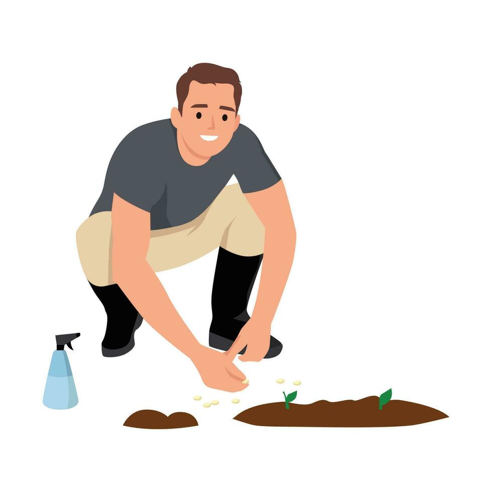 Man with shovel sitting near tree in garden. Guy buries seedling in ground for planting trees. Professional gardener worker applies fertilizers to pit. vector