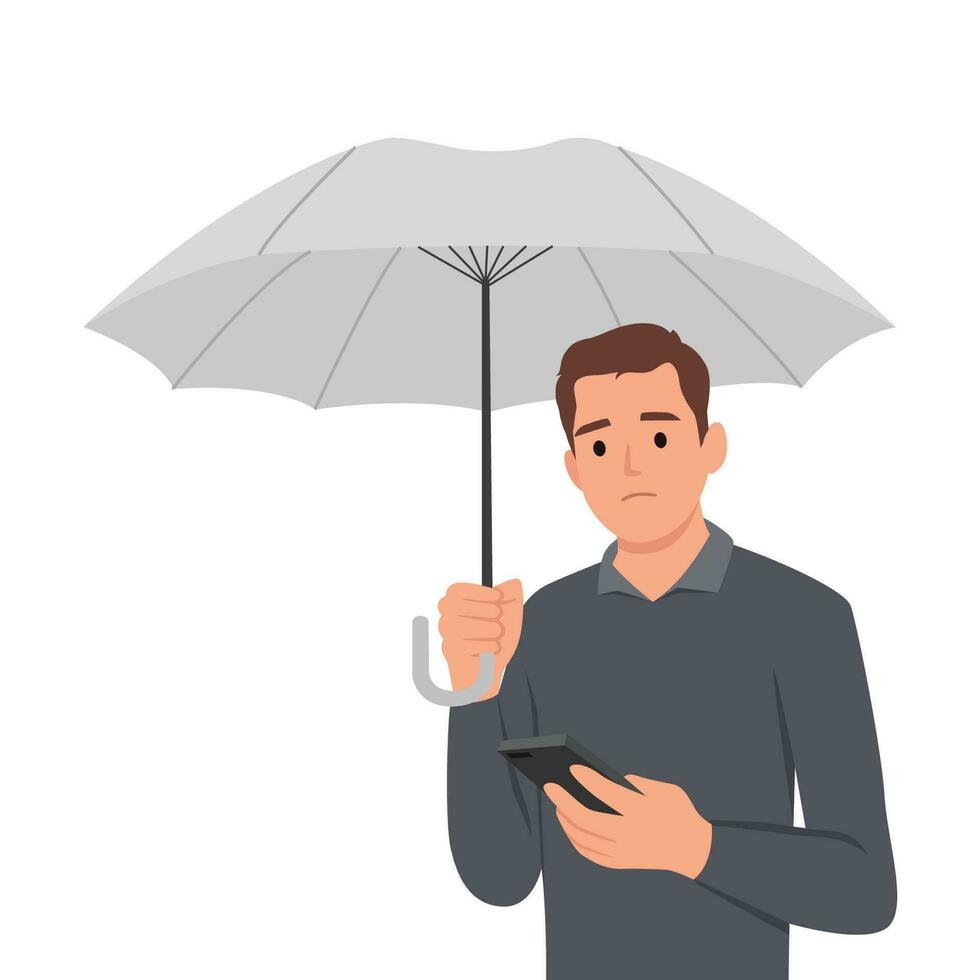 Sad man with umbrella stands in rain and reads SMS in mobile phone from girlfriend who refused to come on date. Concept of autumn depression due to bad weather. vector