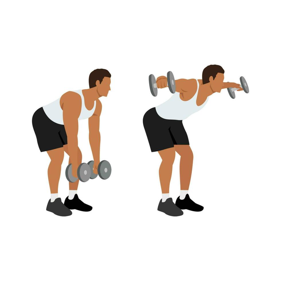 hombre haciendo dumbbell inclinado sobre moscas inversas. ilustración vectorial plana aislada sobre fondo blanco vector