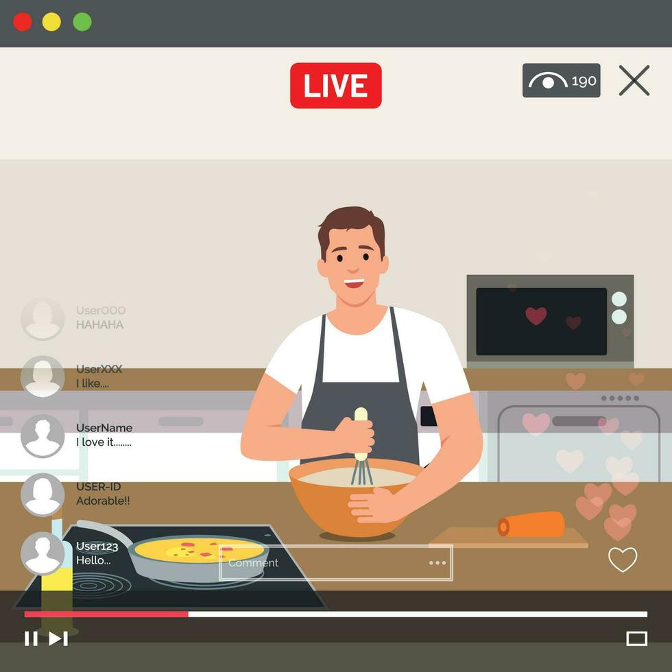 Happy man cooking dishes in the kitchen on a live stream. vector