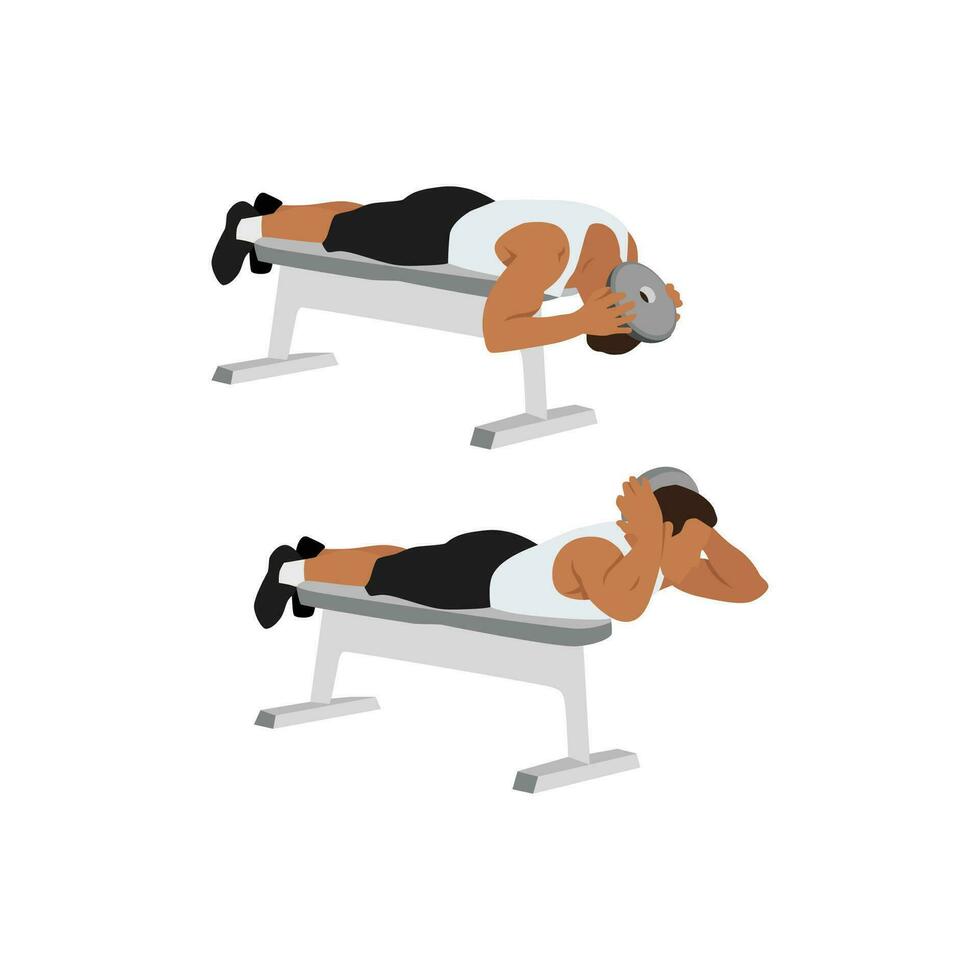 Man doing Lying face down plate neck resistance exercise. Flat vector illustration isolated on white background