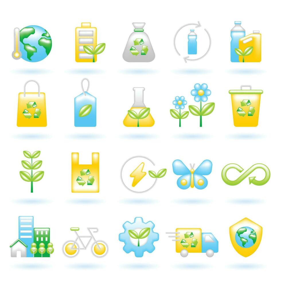 3D Icon Set of Ecology Sustainability Environment Eco Friendly Green Energy Concept. Glossy Glass Plastic Color. Cute Realistic Cartoon Minimal. 3D Render Vector Icons UX UI Isolated Illustration.