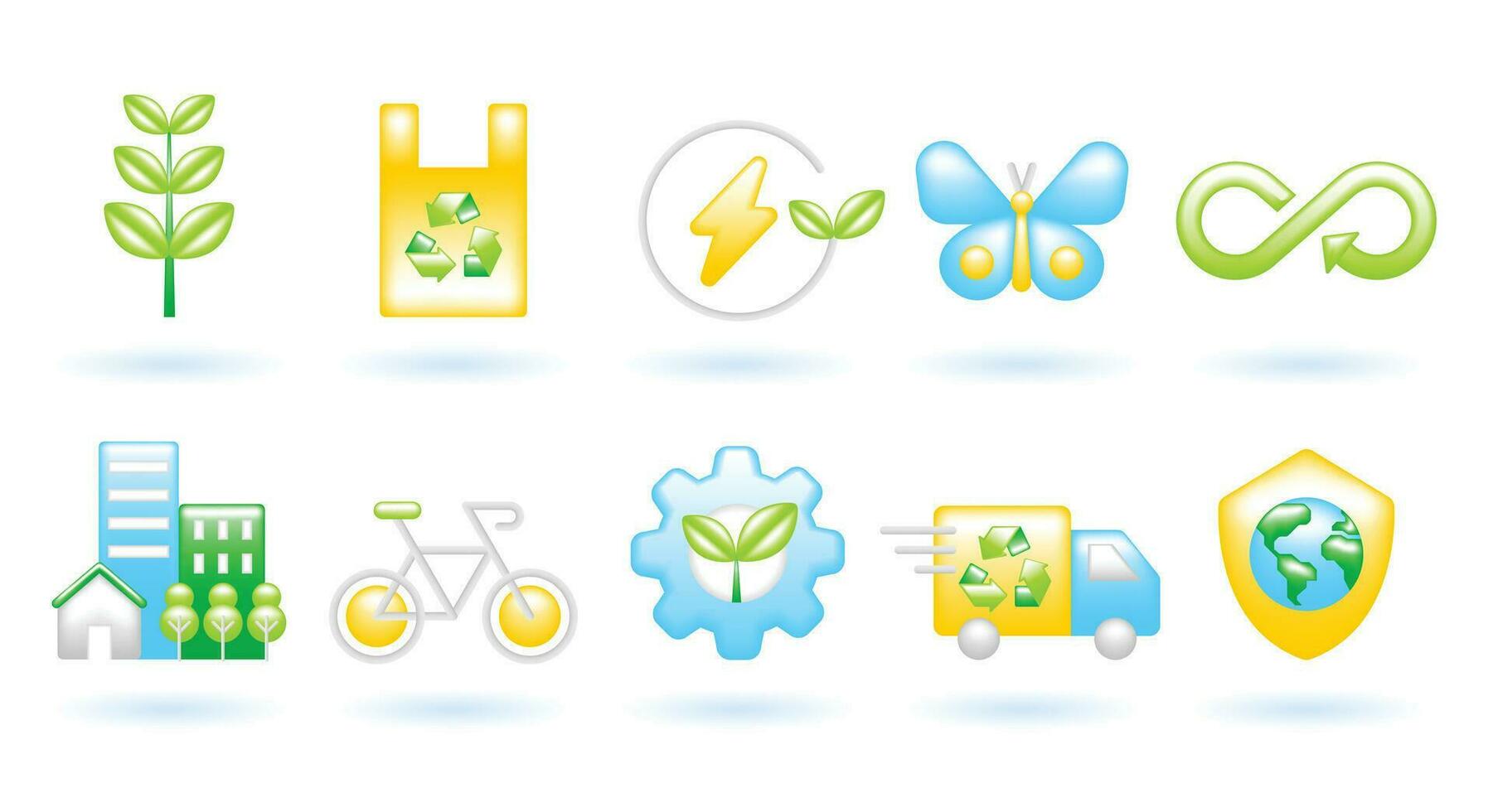 3D Icon Set of Ecology Sustainability Environment Concept. Plant, Bag, Energy, Butterfly, Infinity, City, Bike, Gear, Truck, Shield. Cute Cartoon Minimal. 3D Render Vector Icons Isolated Illustration.