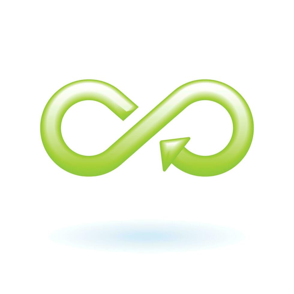 3D Green Infinity Sign Arrow Loop Icon. Eco Sustainability Environmental Concept. Glossy Glass Plastic Color. Cute Realistic Cartoon Minimal Style. 3D Render Vector Icon UX UI Isolated Illustration.