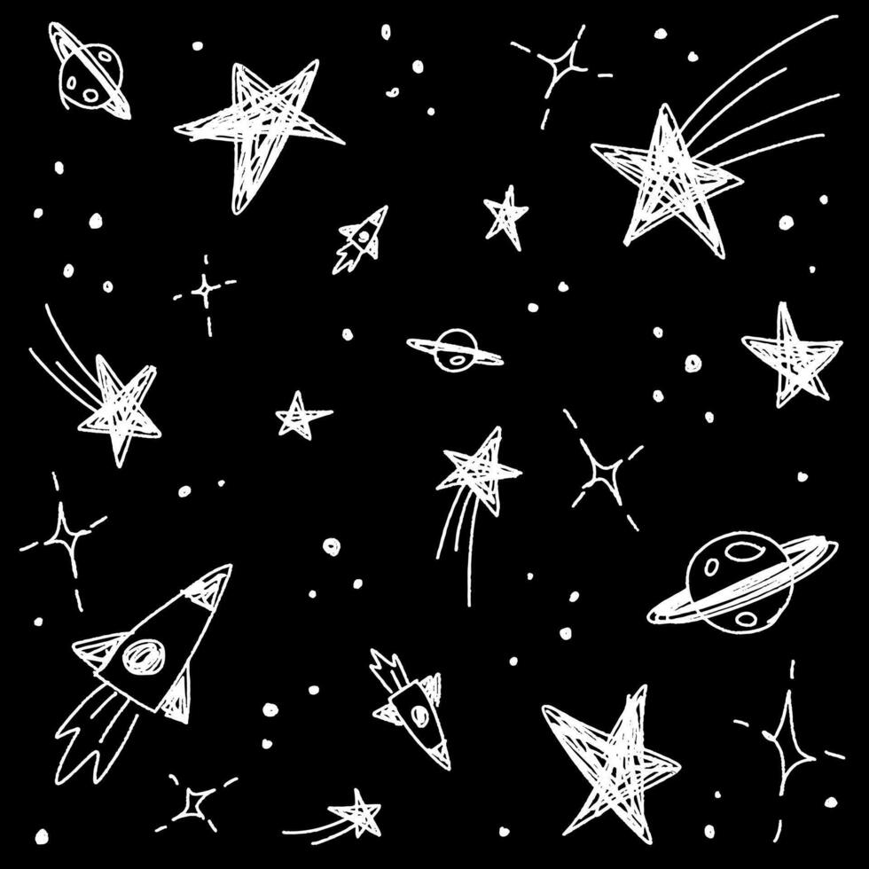 Cute Confetti Star Galaxy Space Night Sky Meteor Shooting Star Planet Saturn Rocket. Sprinkle Sparkle Shine. Doodle Scribble Sketch Brush Pen Ink. Abstract White Seamless Pattern Black Background. vector