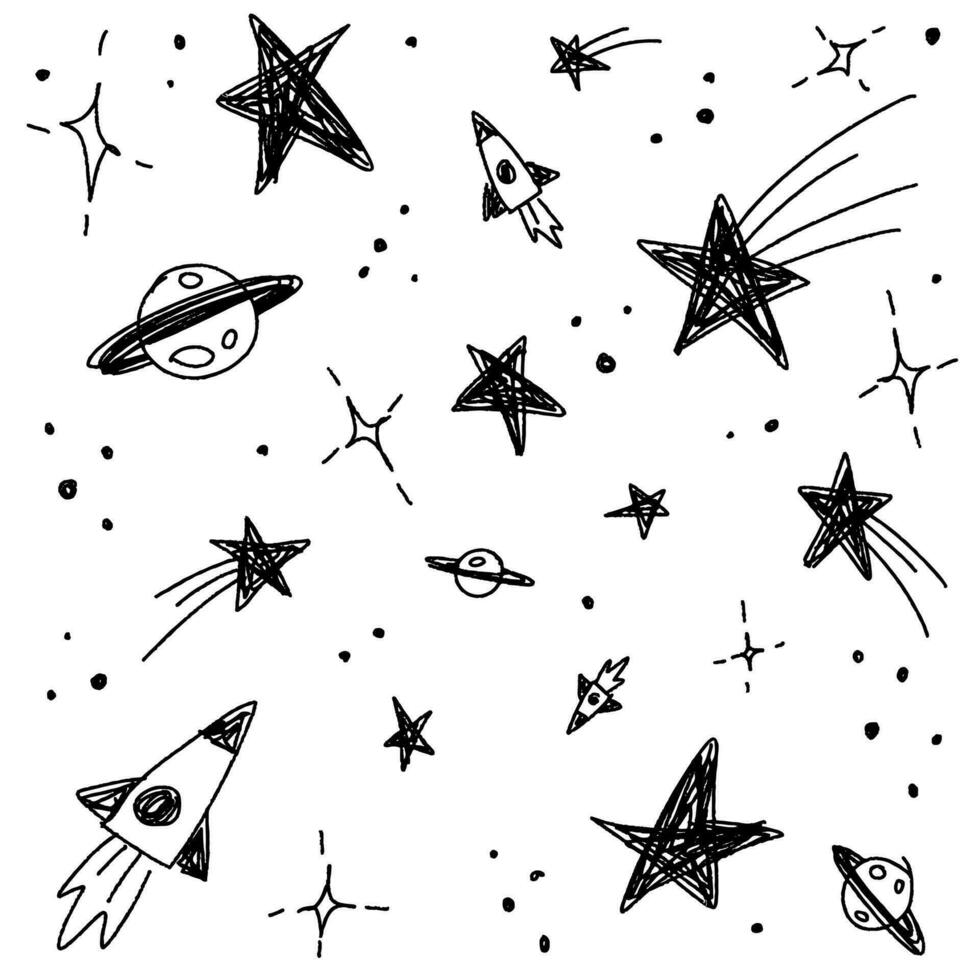 Cute Confetti Star Galaxy Space Night Sky Meteor Shooting Star Planet Saturn Rocket. Sprinkle Sparkle Shine. Doodle Scribble Sketch Brush Pen Ink. Abstract Black Seamless Pattern White Background. vector