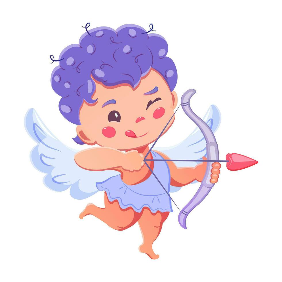 linda dibujos animados Cupido. Cupido con arco y un flecha en forma de corazón. pequeño ángel con alas. vector