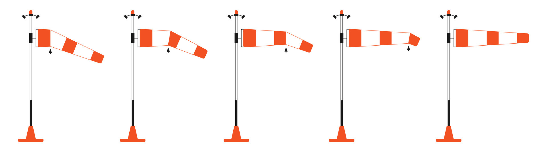 Windsock in different positions. Wind direction indicator. Diagram for