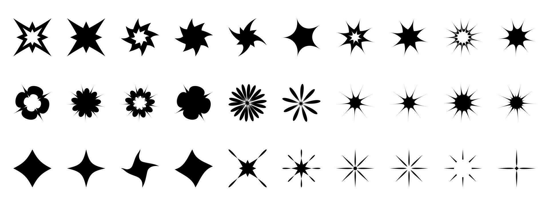 Set of different blinking symbols. Glitter icons made from stars. Symbols of flower and sun. Linear flare rays vector