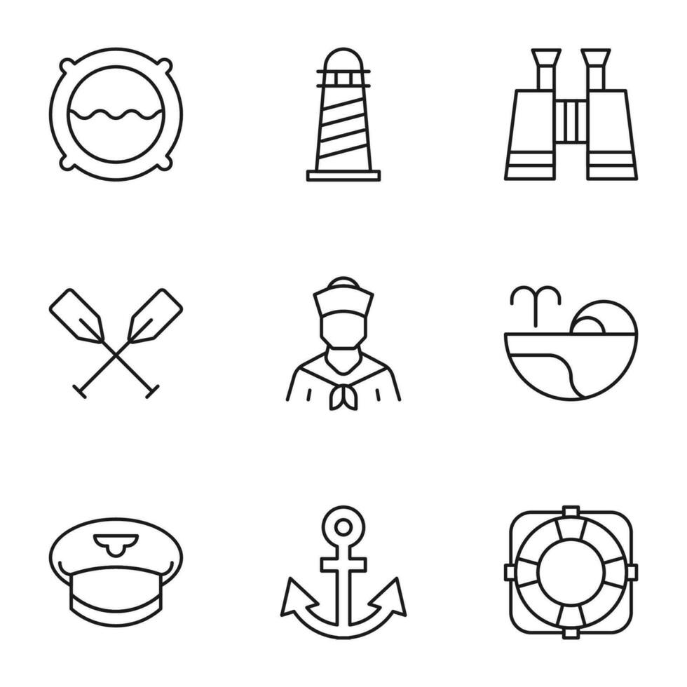 Pack of isolated vector symbols drawn in line style. Editable stroke. Icons of porthole, lighthouse, binoculars, paddles, sailor, whale, lifeline, anchor
