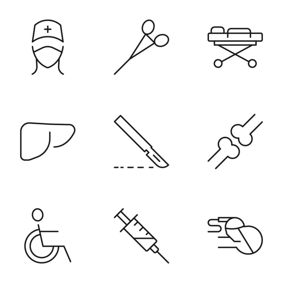 Pack of isolated vector symbols drawn in line style. Editable stroke. Icons of surgeon, scissors, gurney, liver, knife, knuckles, wheelchair, syringe, surgery