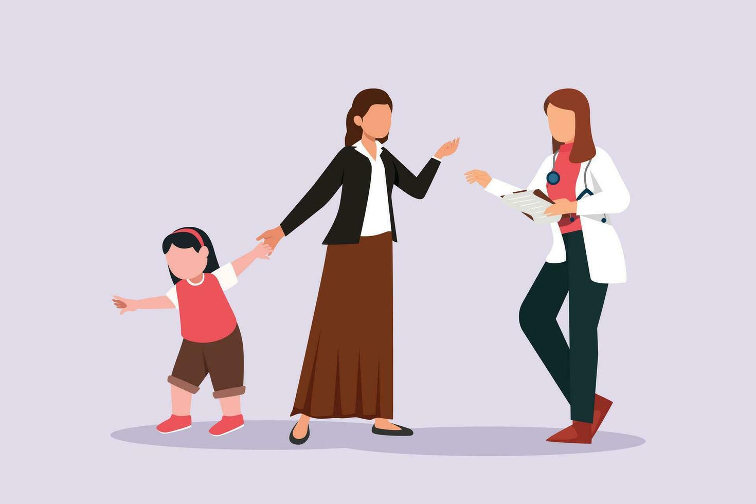 Kids, parents and doctor. Parenting in Healthcare concept. Colored flat vector illustration isolated.