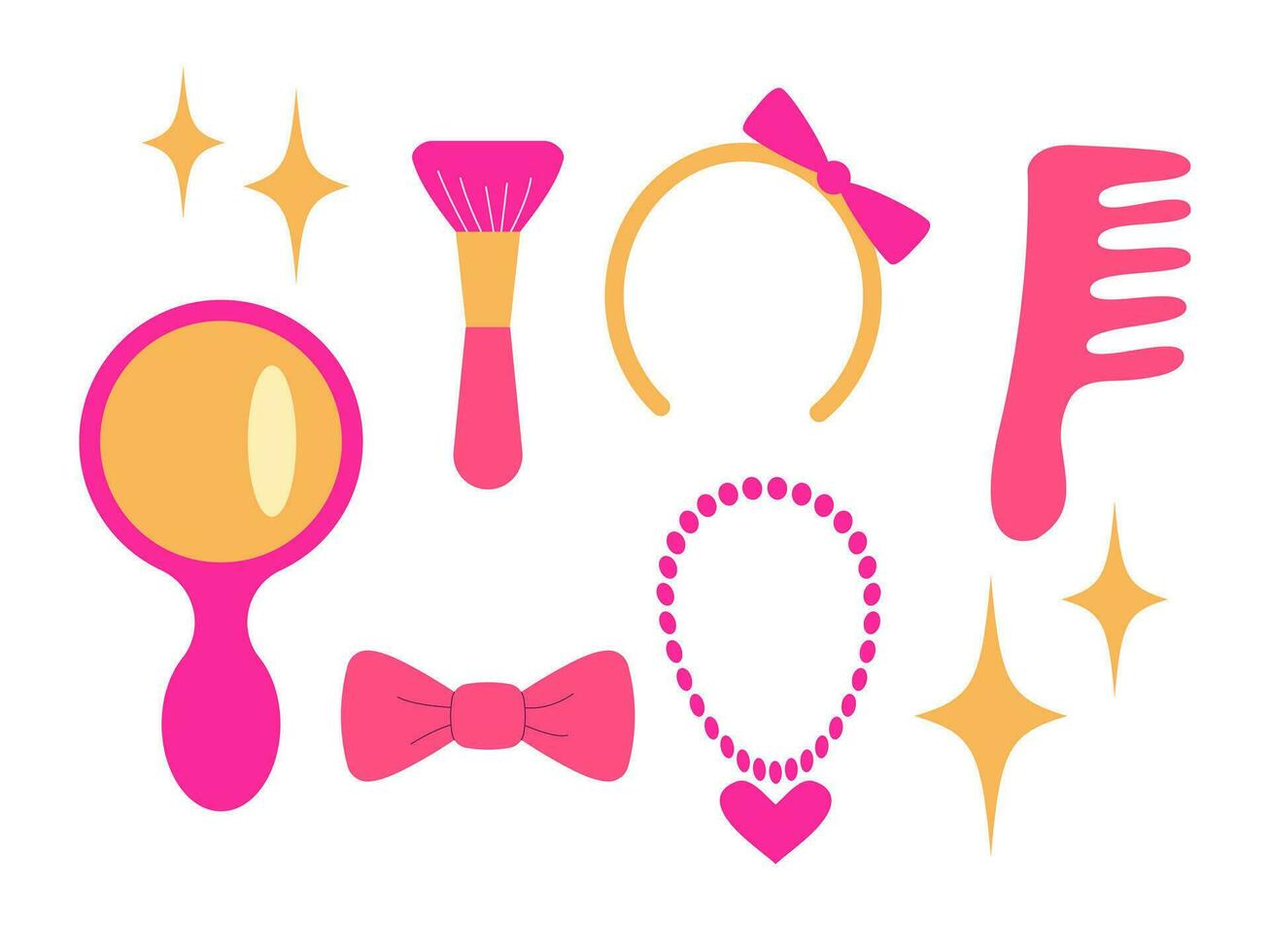 rosado muñeca chica, princesa. linda rosado íconos colección - collar, cepillo para el pelo, venda, cepillar, arco espejo vector ilustración