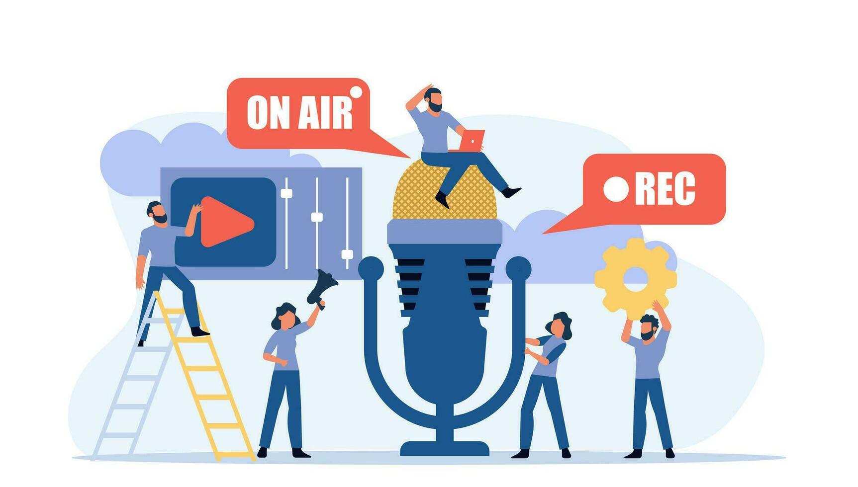 Radio music TV on air live rec interview people vector illustration. Hot news with mic broadcast sound communication studio. Male listen media headphone. Concept record online microphone business