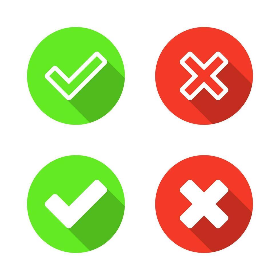 Checkmark and x cross mark icon vector in flat style. Approve and reject sign symbol