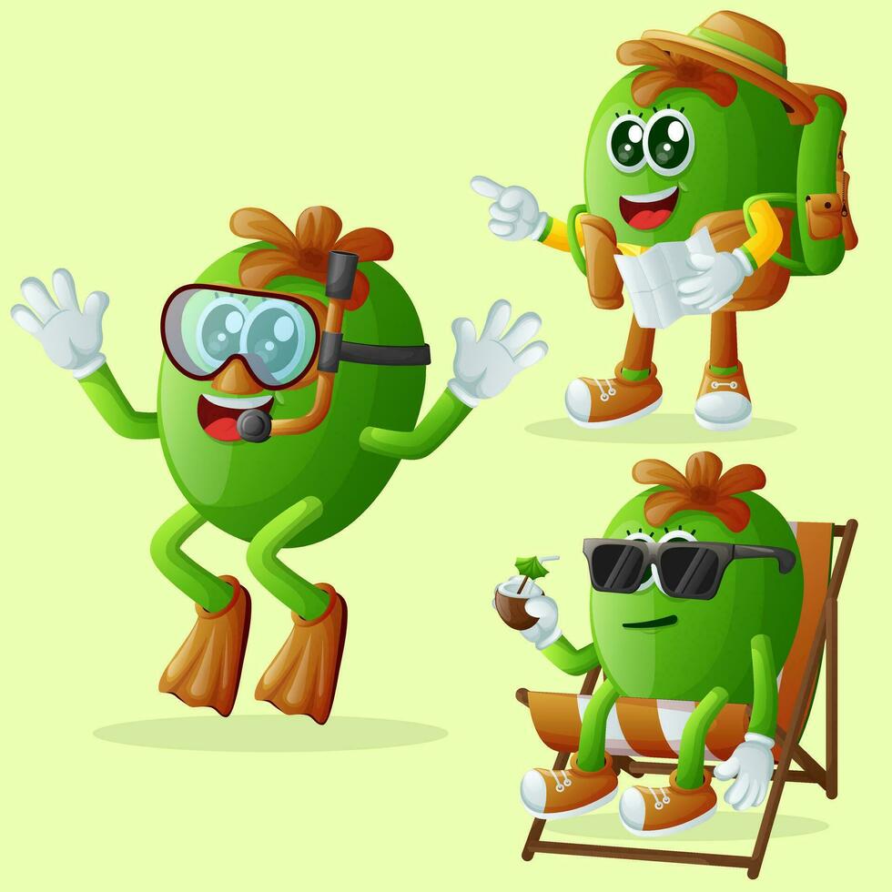 Cute Feijoa characters on vacation vector