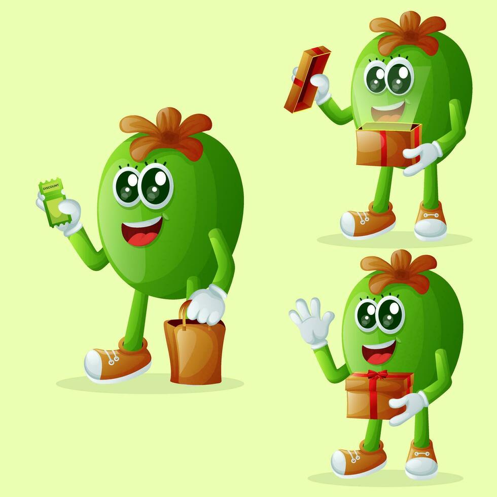Cute Feijoa characters receiving gifts vector