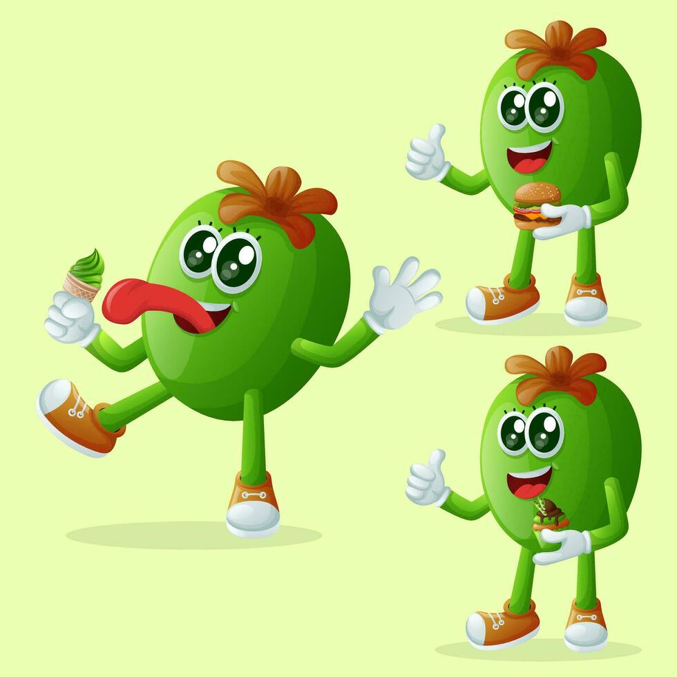 Cute Feijoa characters enjoying food vector