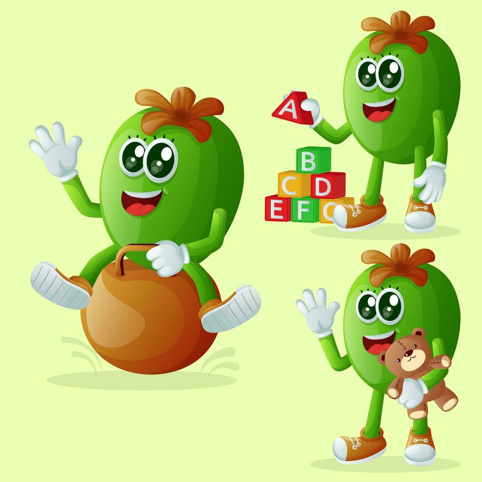 Cute Feijoa characters playing with kid toys vector