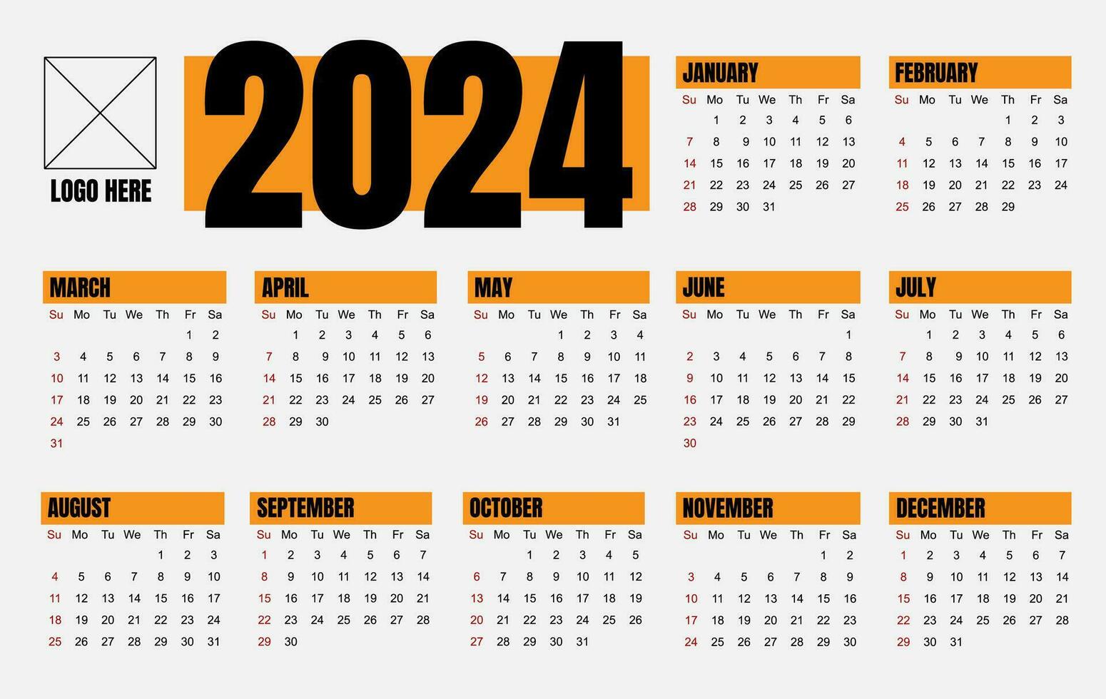 Calendar 2024 template vector, simple minimal design, international Planner 2024 year, Wall 2024 year, Week Starts Sunday, Set of 12 calendar, advertisement, printing, stationery, organization office vector