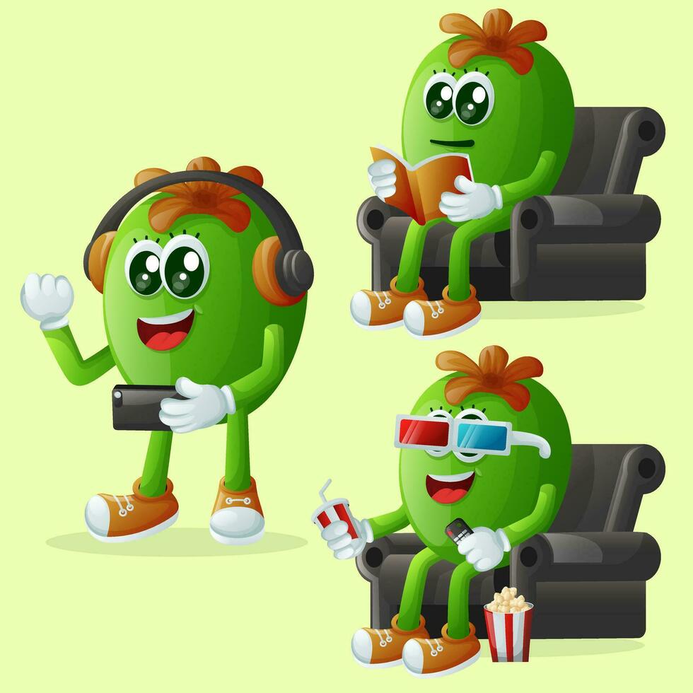 Cute Feijoa characters enjoying leisure activities vector
