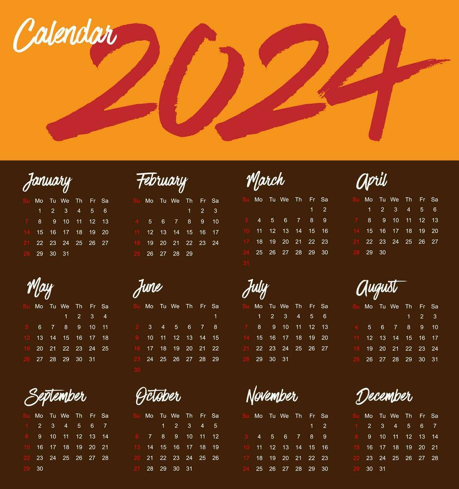 Calendar 2024 template vector, simple minimal design, international Planner 2024 year, Wall 2024 year, Week Starts Sunday, Set of 12 calendar, advertisement, printing, stationery, organization office vector