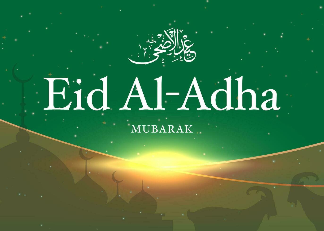 Eid al adha mubarak islamic and moslem background social media design with stars moon, mosque and a goat background , poster, banner design, vector illustration