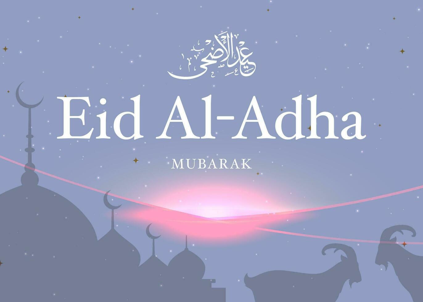 Eid al adha mubarak islamic and moslem background social media design with stars moon, mosque and a goat background , poster, banner design, vector illustration