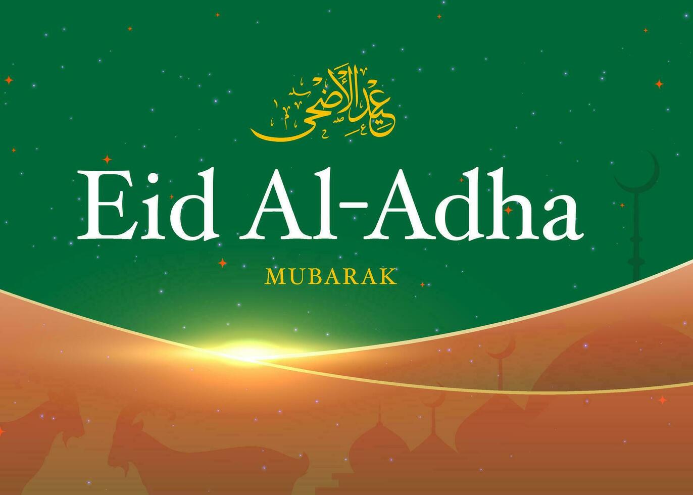 Eid al adha mubarak islamic and moslem background social media design with stars moon, mosque and a goat background , poster, banner design, vector illustration