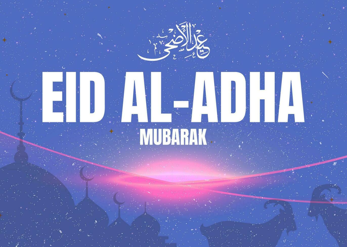 Eid al adha mubarak islamic and moslem background social media design with stars moon, mosque and a goat background , poster, banner design, vector illustration
