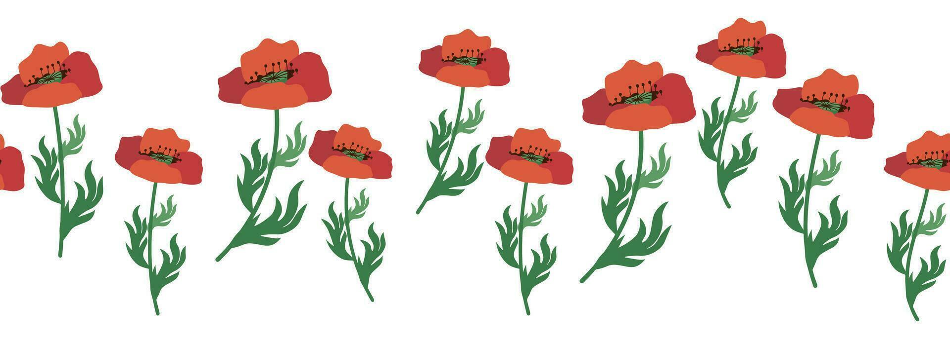 Summer seamless pattern with bright red poppy flowers and poppy pods. Garland, flower border vector