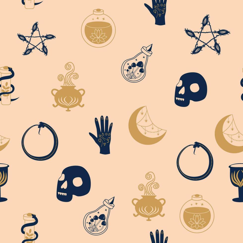 Magic and heaven seamless pattern, with magical elements such as snake, eye. Symbols and elements of the witchcraft theme. vector