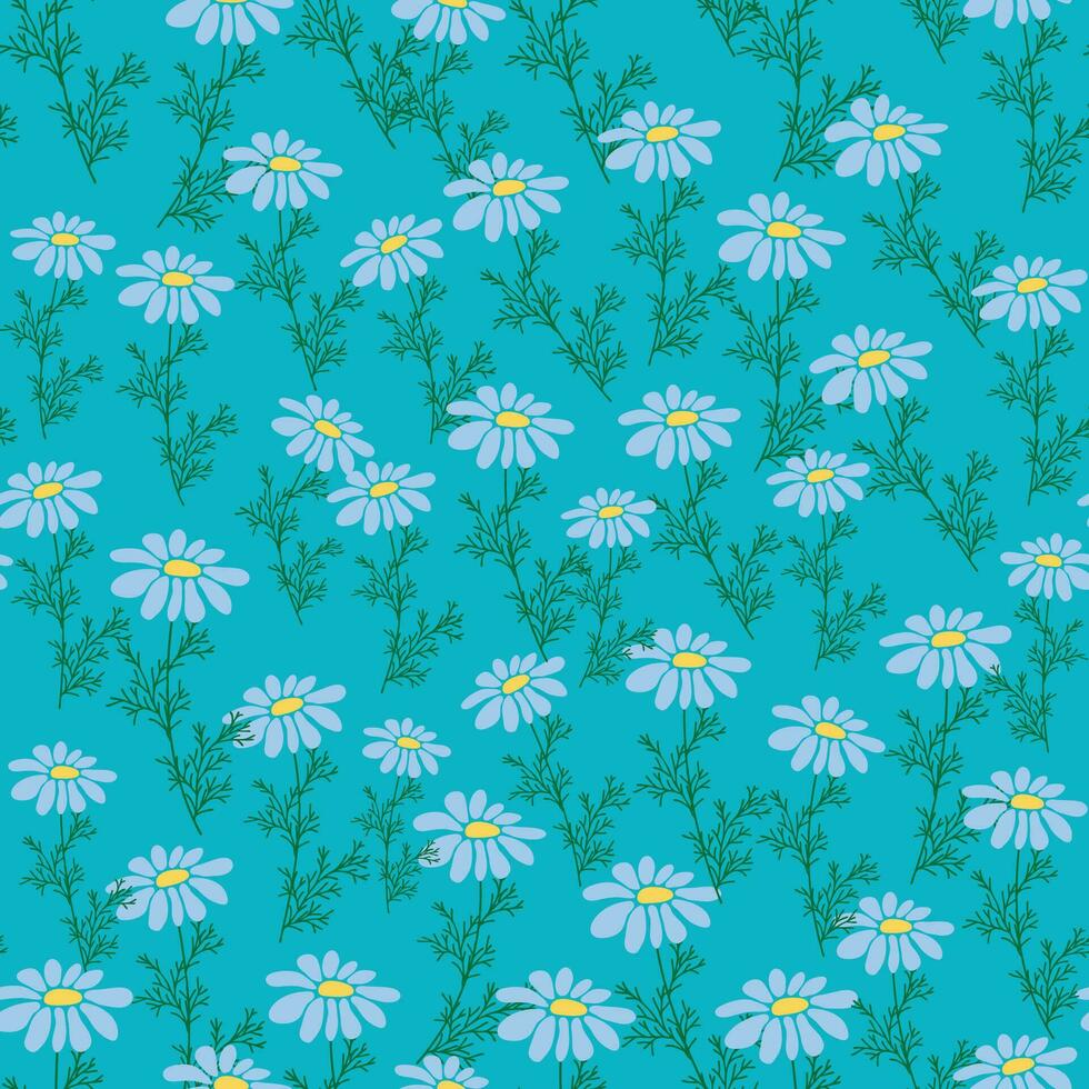 Seamless pattern Creative floral print with chamomile flowers, leaves in hand drawn style on a blue-turquoise background vector