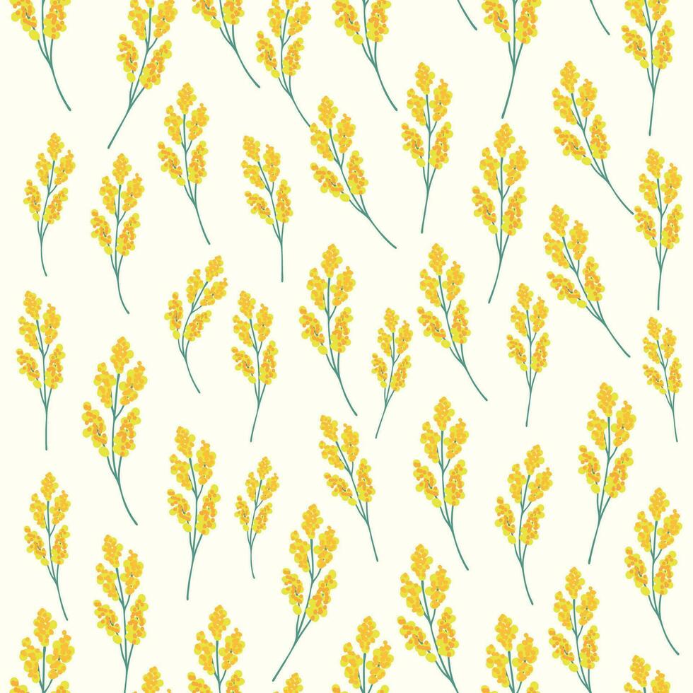 Seamless floral print pattern with yellow and blue mimosa flowers, leaves in hand drawn style on a blue-turquoise background. Ukraine flag flower concept vector