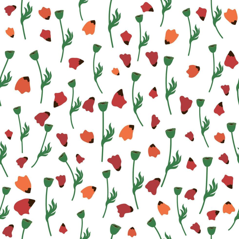 Summer seamless pattern with bright red poppy flowers and poppy pods. Field, meadow of poppies vector