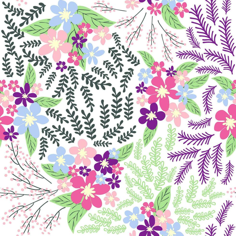 Fantasy seamless floral pattern with blue, pink, purple, red, orange flowers and leaves. Elegant template for fashion vector