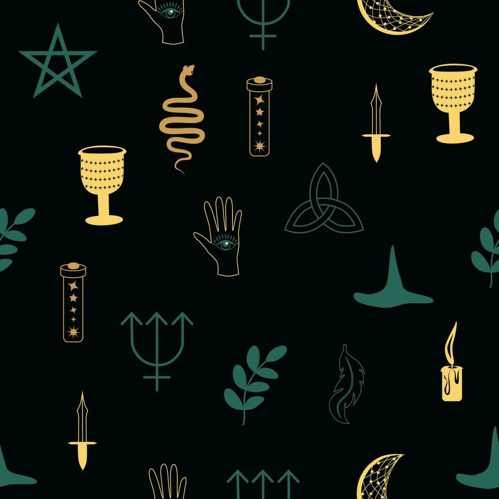 Magic and heaven seamless pattern, with magical elements such as snake, eye. Symbols and elements of the witchcraft theme. vector