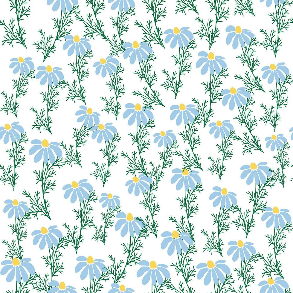 Seamless pattern Creative floral print with chamomile flowers, leaves in hand drawn style on a blue-turquoise background vector