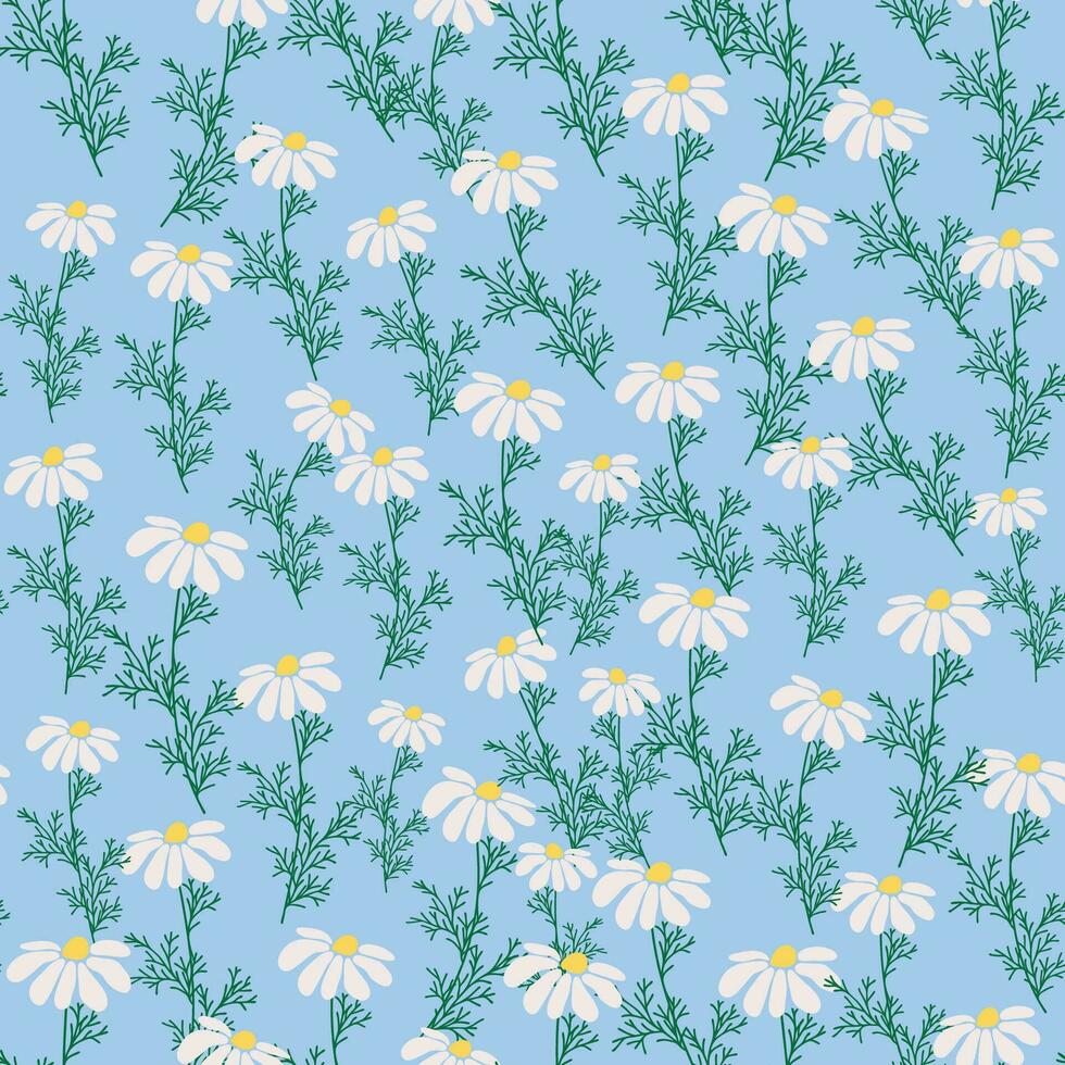 Seamless pattern Creative floral print with chamomile flowers, leaves in hand drawn style on a blue-turquoise background vector