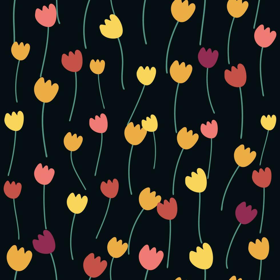 Seamless floral pattern with colorful tulip flowers, leaves and petals. Retro from the 1970s vector