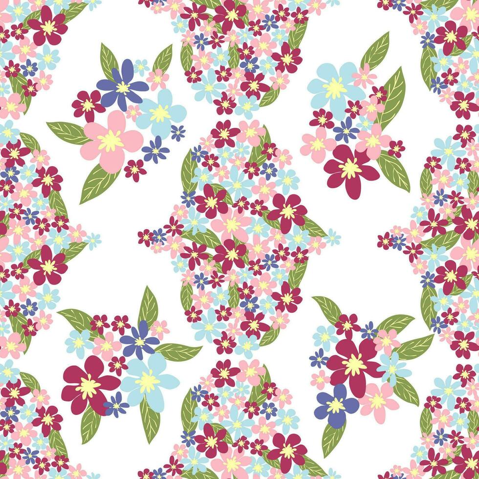 Fantasy seamless floral pattern with blue, pink, purple, red, orange flowers and leaves. Elegant template for fashion vector